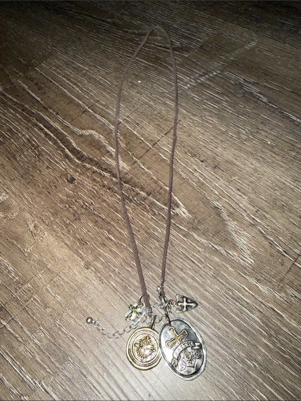 Vintage-Inspired Brown Cord Necklace with Cross and Coin Charms